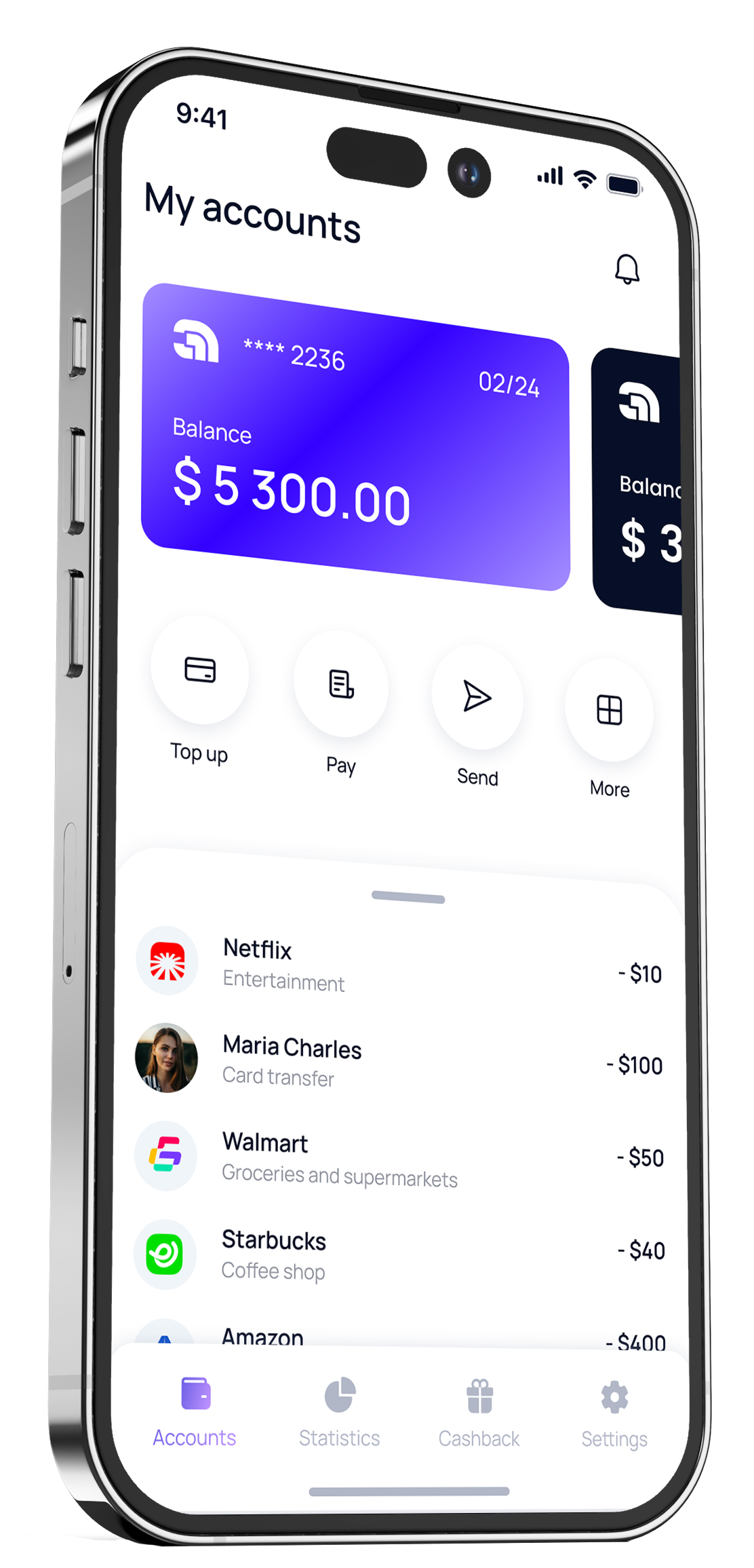 Mobile banking app showing account balance of $5300, recent transactions including Netflix, Maria Charles, Walmart, Starbucks, and Amazon, with navigation menu at bottom.